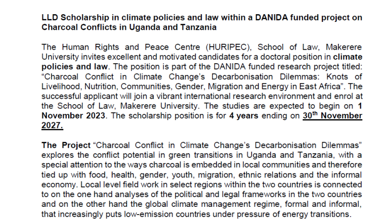 LLD Scholarship in Climate Policies and Law within a DANIDA Funded Project on Charcoal Conflicts in Uganda and Tanzania