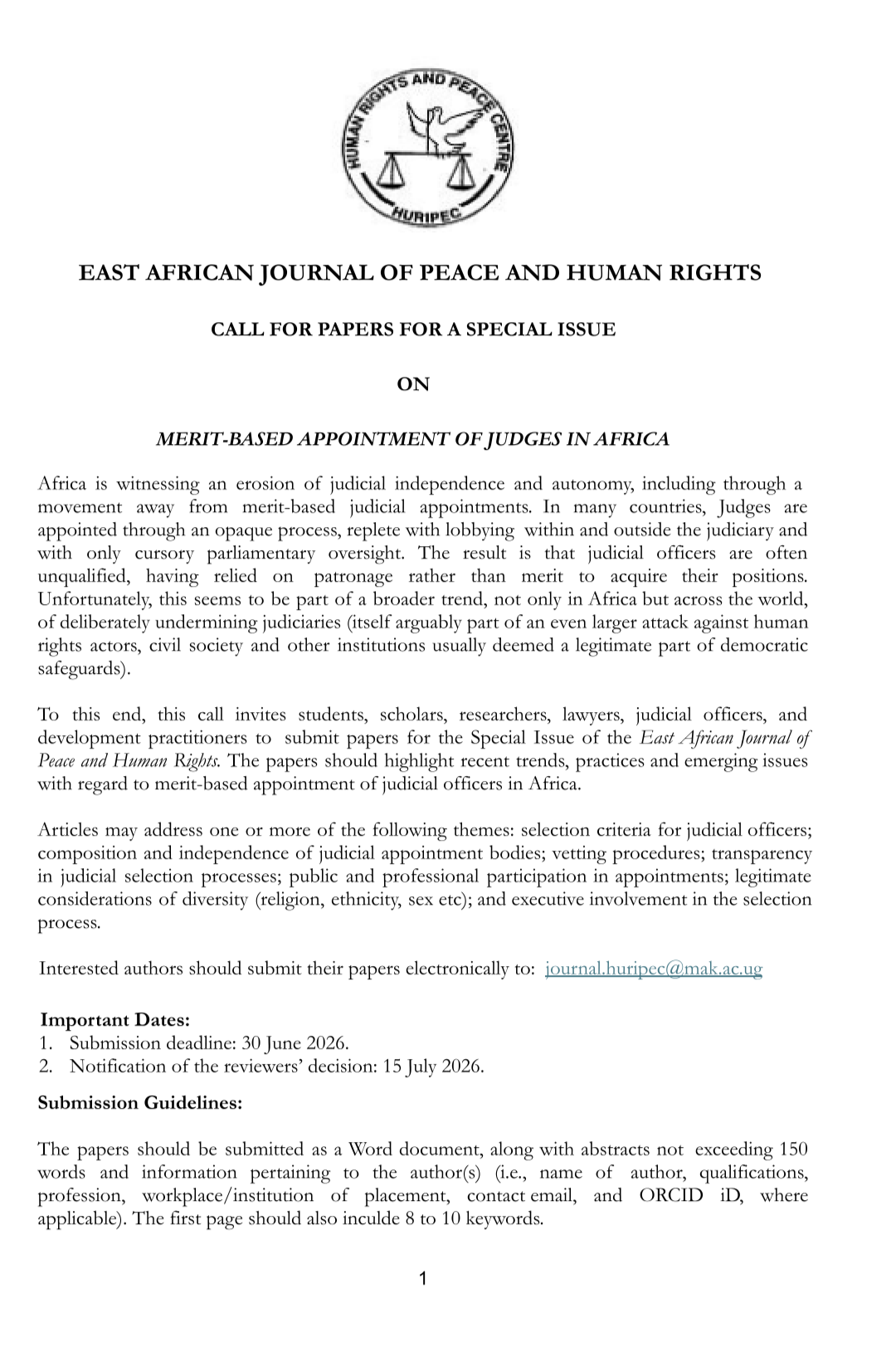 HURIPEC Call for Papers Special Issue 2026 - Human Rights and Peace ...